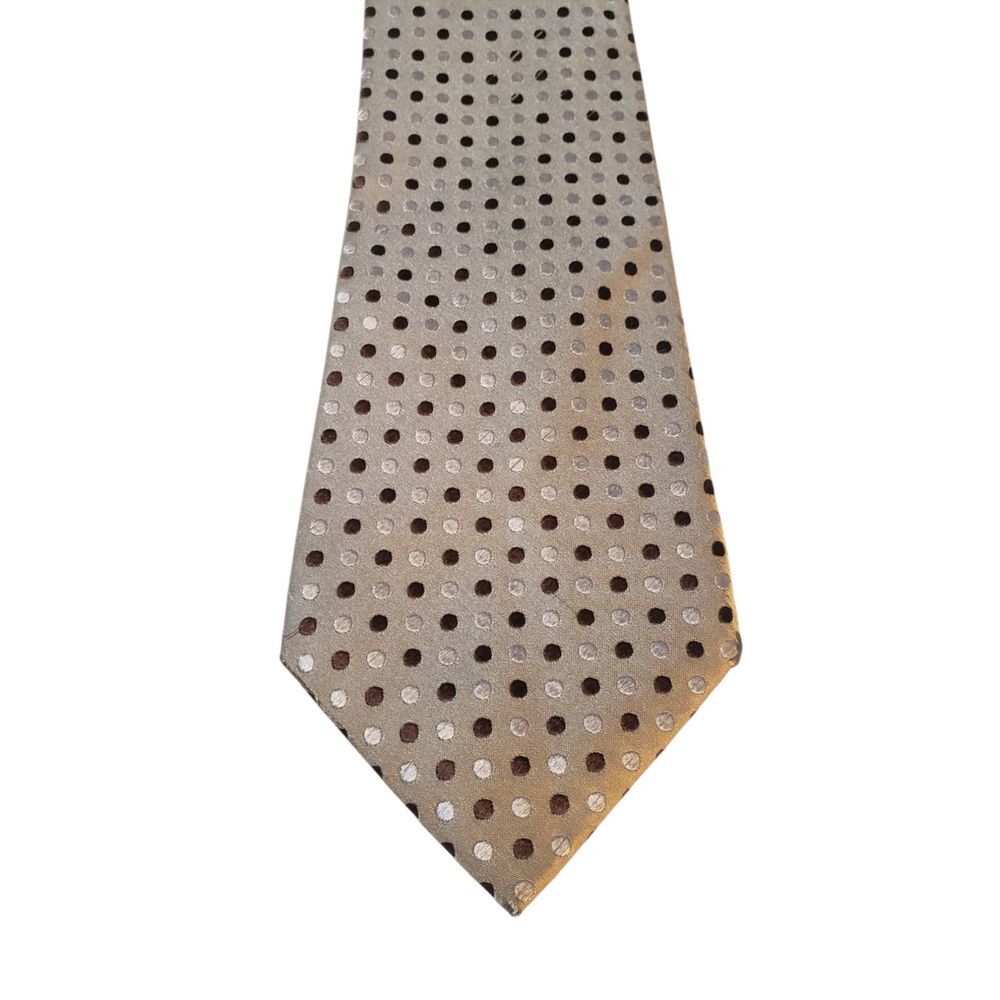 Croft & Barrow Mens Tie Necktie Tan with Brown Gray Polka‎ Dots Stain Resistant